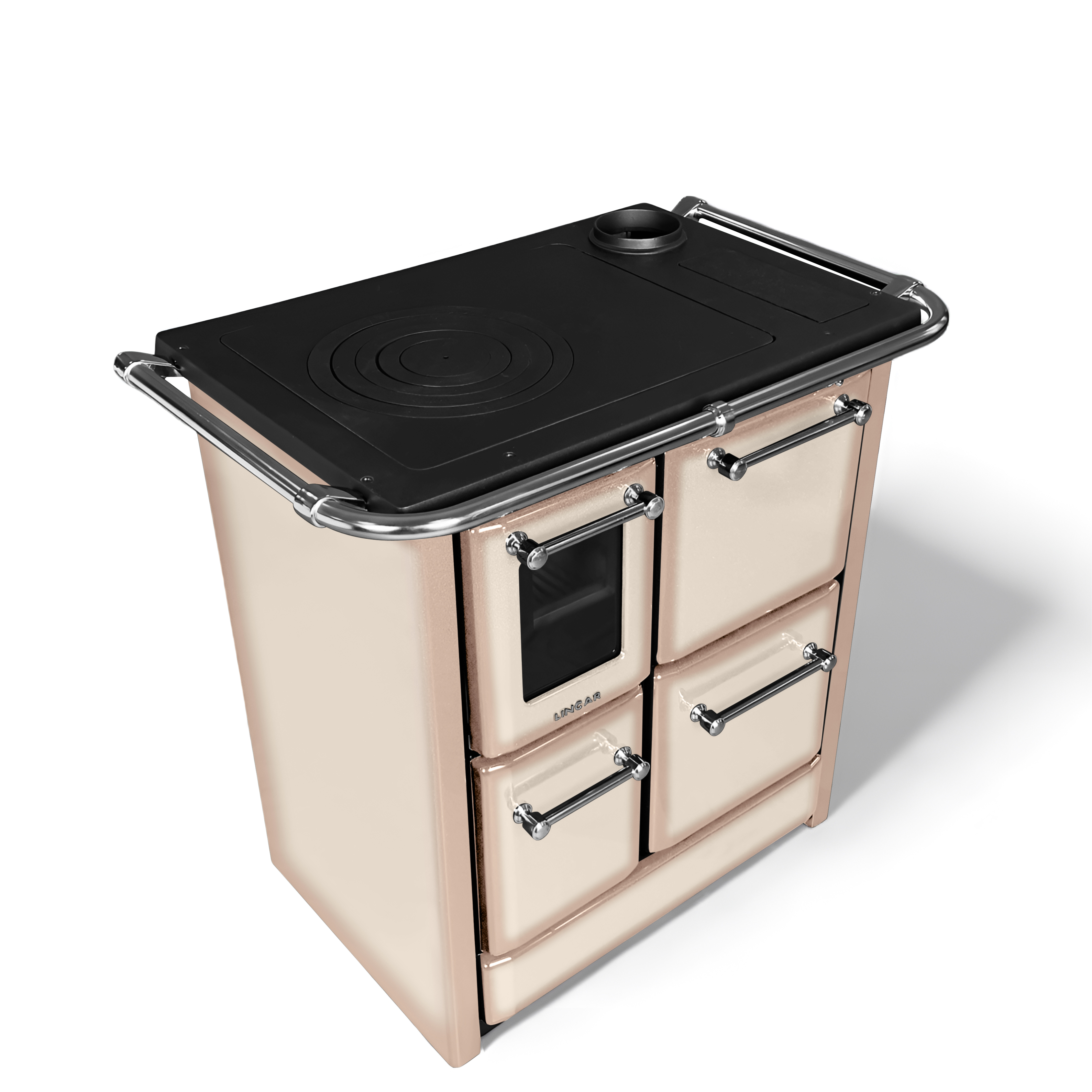 Malkas plīts ar krāsni un cepeškrāsni, krēmkrāsas metāla korpuss ar hromētām detaļām, piemērota ēdiena gatavošanai un telpas apsildei.