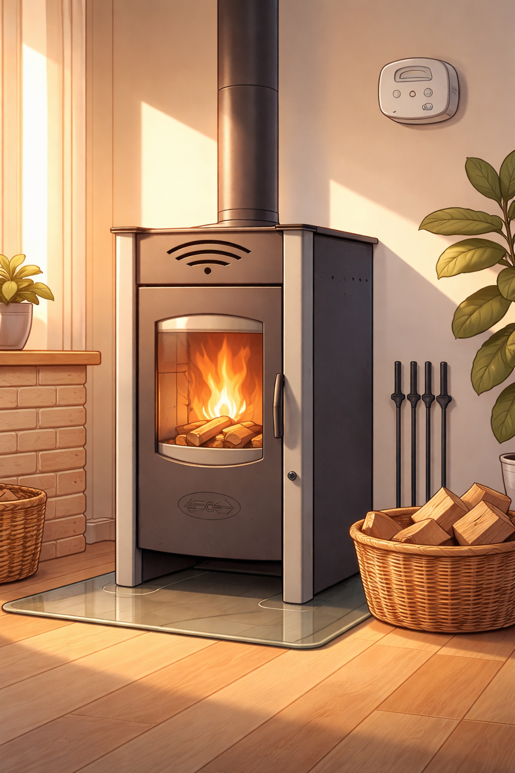 Malkas krāsns ar redzamu liesmu mājīgā interjerā, animētā stilā, ar dūmvadu, malkas grozu un drošības detektoru pie sienas.