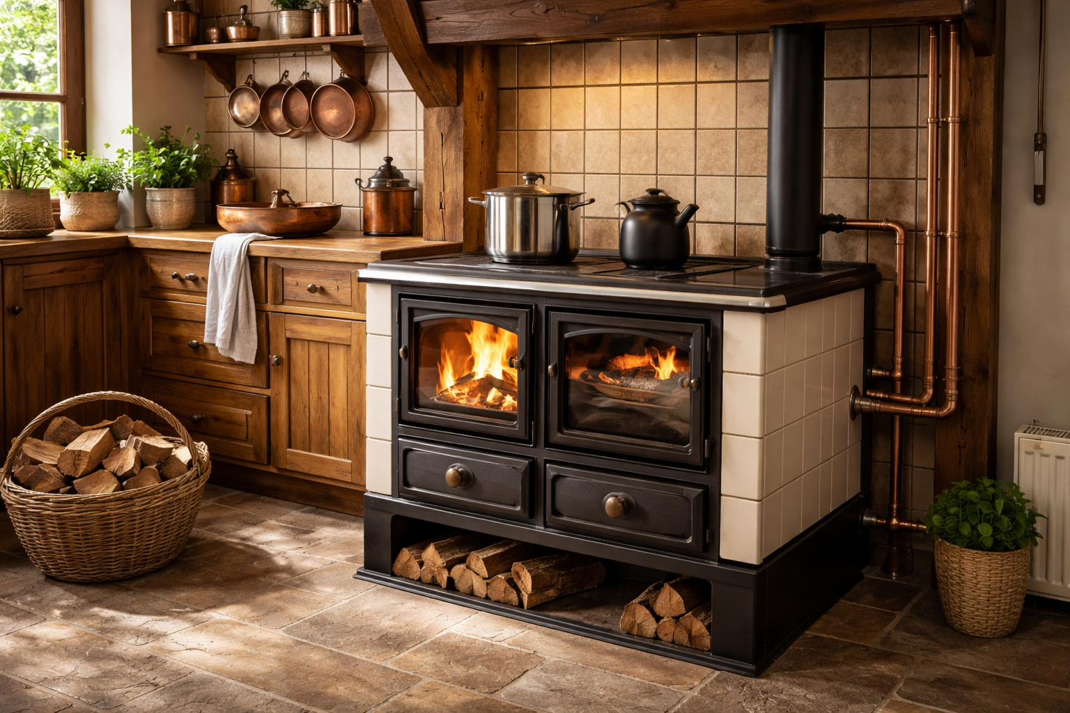 a central heating stove in a rustic kitchen