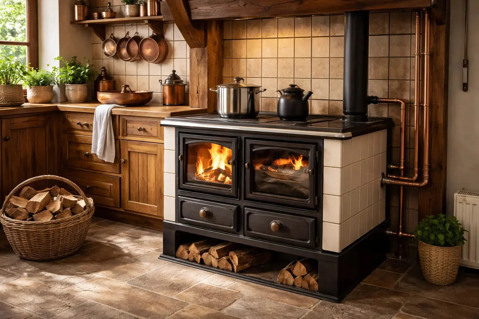 a central heating stove in a rustic kitchen