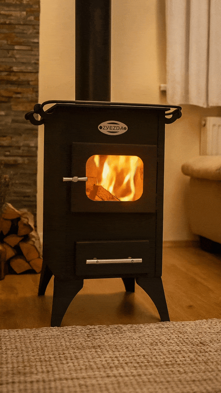 aupības krāsns darbībā – malkas liesmas silda telpu