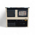 A compact dual-burn wood stove with a cream-colored frame and black doors, featuring two burners, a lower storage drawer, and a metal top surface, photographed against a plain white background.