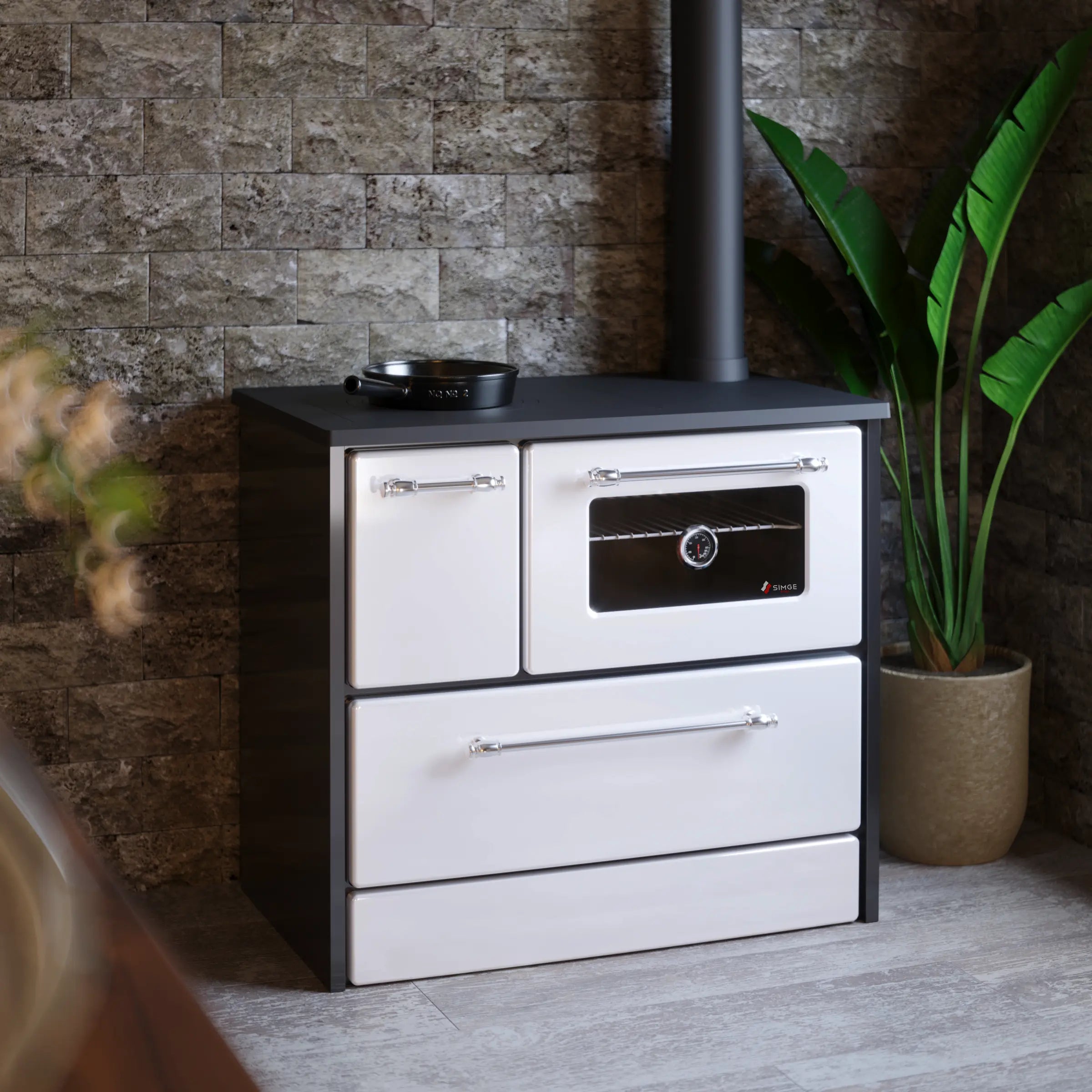 OMEGA | Ketaus malkinė krosnis su orkaitę – 9 kW – Balta