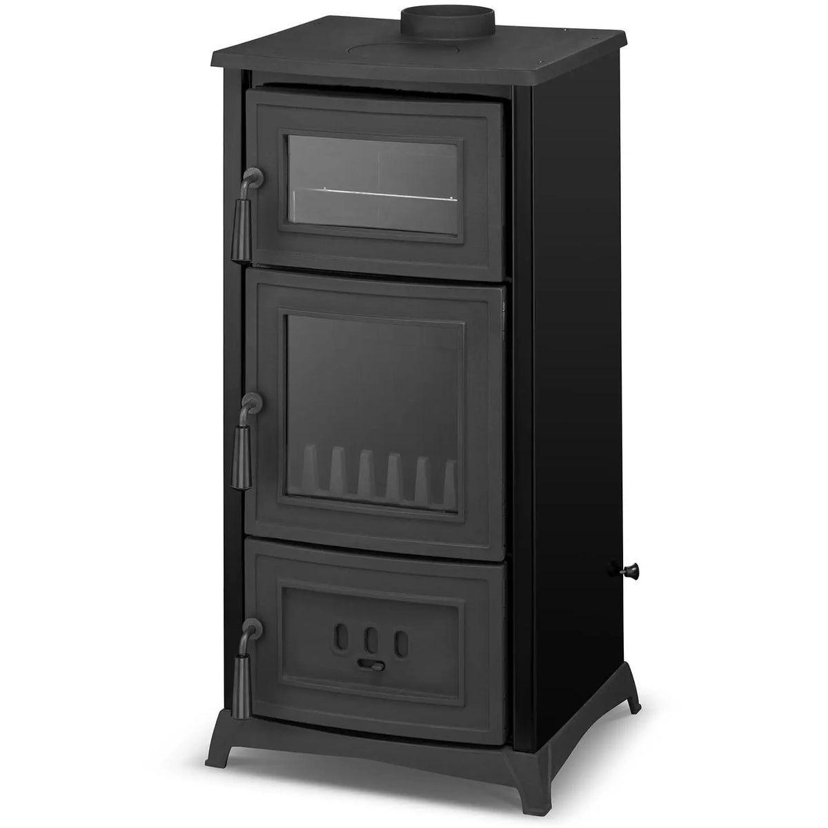 A black cast iron wood-burning stove with three stacked firebox compartments, glass window panels, and a small side vent, shown on a plain white background.
