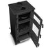 A black cast iron wood stove with its door open, showing the interior grates and lower storage compartment, on a white background.