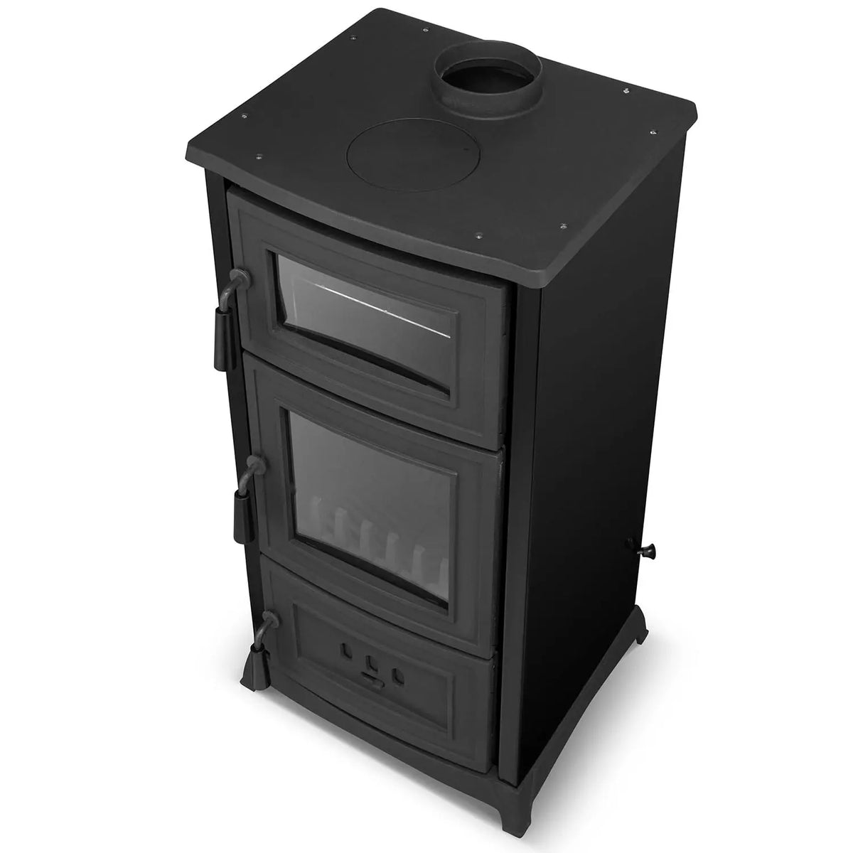 A black cast iron wood-burning stove with two glass-front doors and a circular flue opening on top, shown on a plain white background.