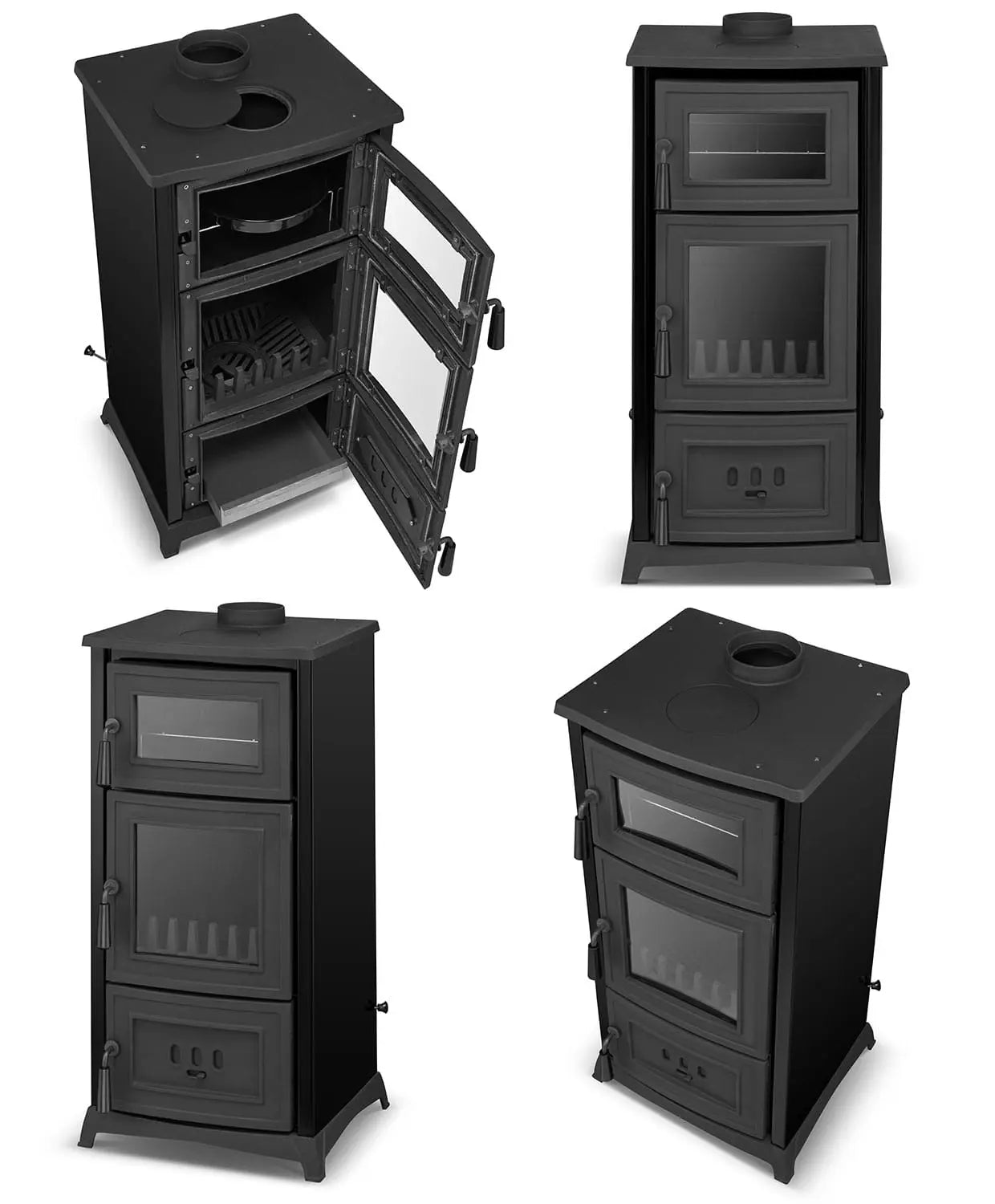 Black wood-burning stove shown from multiple angles on a white background, including closed front views and one open view showing the interior.
