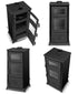 Black wood-burning stove shown from multiple angles on a white background, including closed front views and one open view showing the interior.