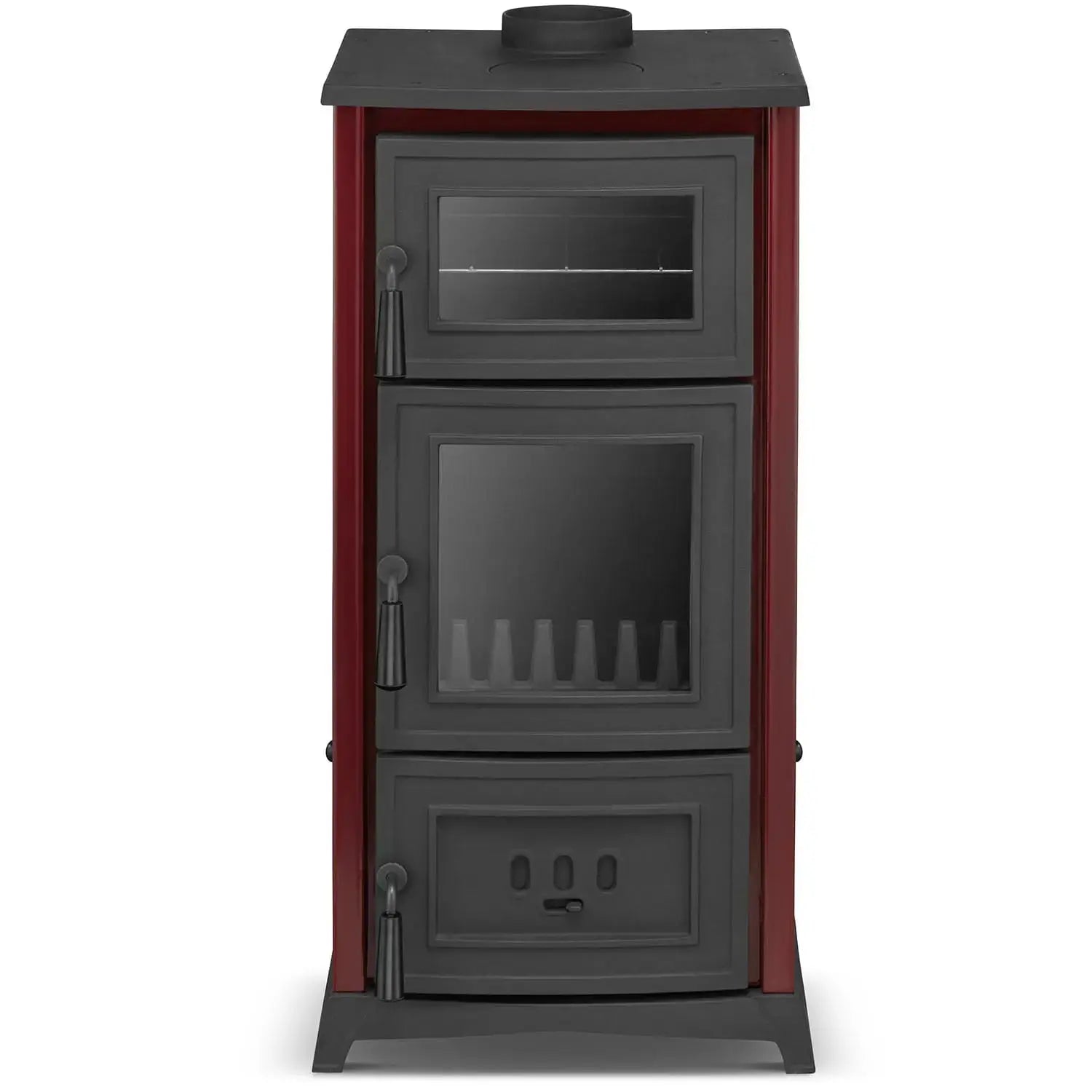 A tall freestanding wood-burning stove or heater with a dark charcoal metal front and doors, red side panels, and a black top lid, shown on a plain white background.