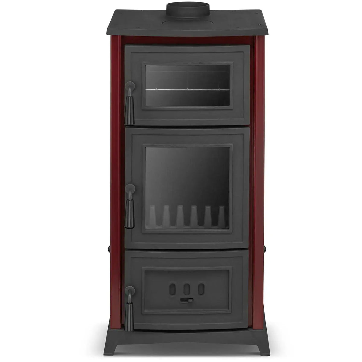 A tall freestanding wood-burning stove or heater with a dark charcoal metal front and doors, red side panels, and a black top lid, shown on a plain white background.
