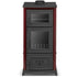 A tall freestanding wood-burning stove or heater with a dark charcoal metal front and doors, red side panels, and a black top lid, shown on a plain white background.