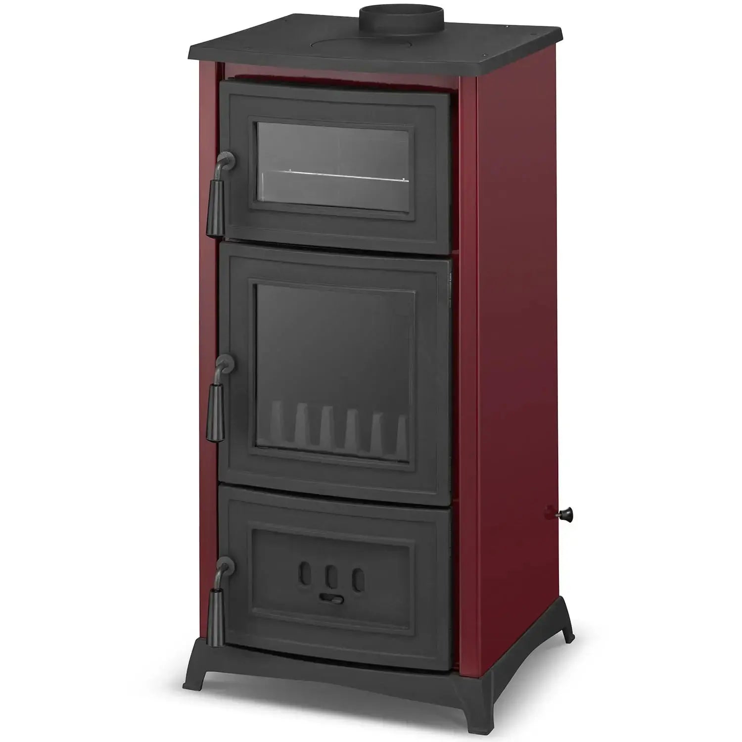 A freestanding wood-burning stove with a dark red body and black metal door and base, shown on a plain white background.