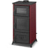 A freestanding wood-burning stove with a dark red body and black metal door and base, shown on a plain white background.