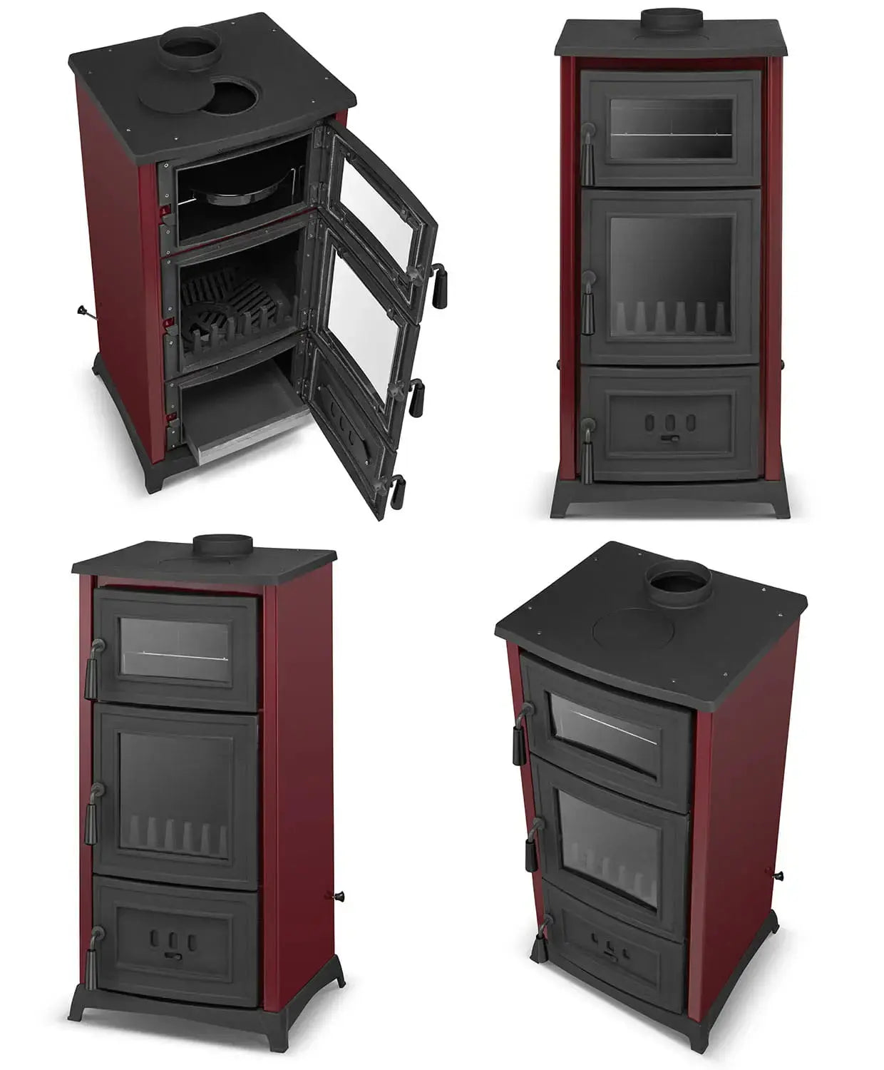 A red and black wood-burning stove shown from multiple angles on a white background, including one view with the door open to show the interior.
