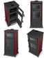 A red and black wood-burning stove shown from multiple angles on a white background, including one view with the door open to show the interior.