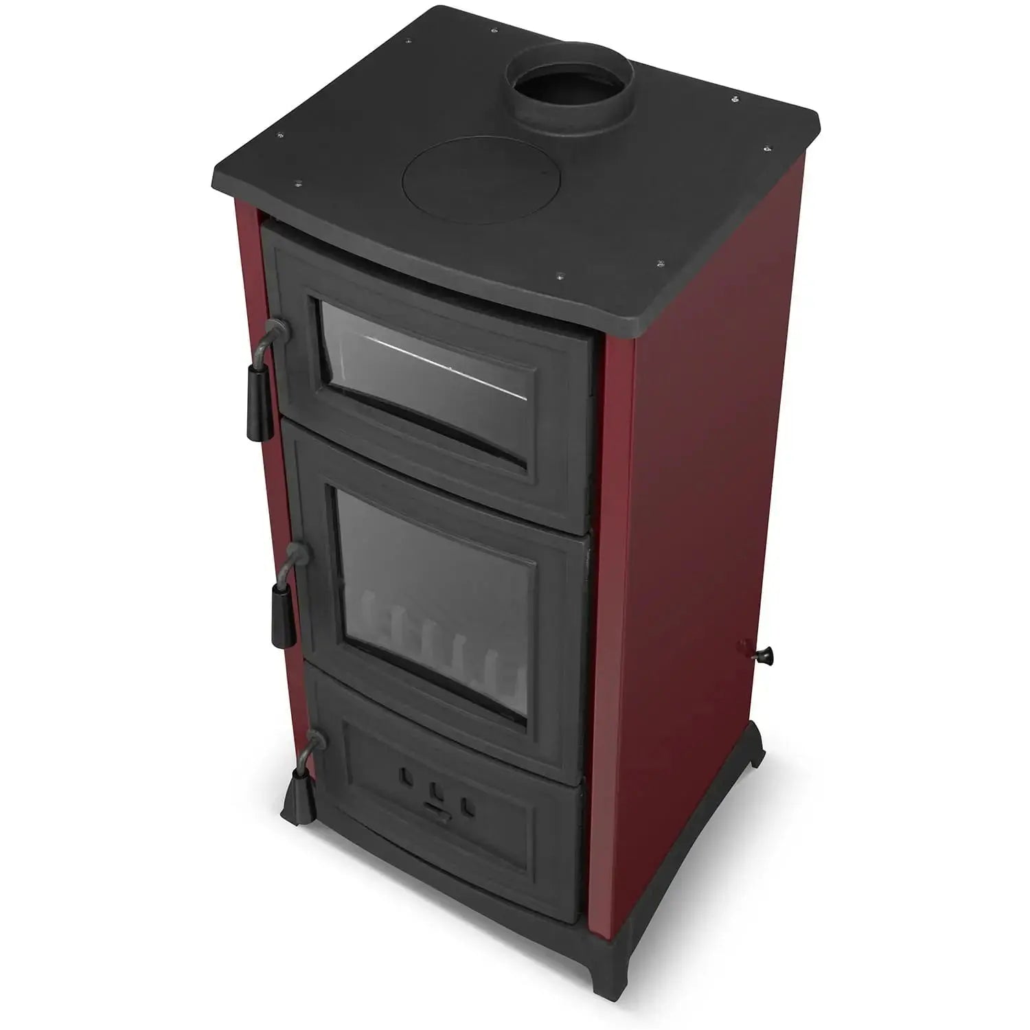 A freestanding wood-burning stove with a dark red body and black metal top, doors, and base, shown on a plain white background.