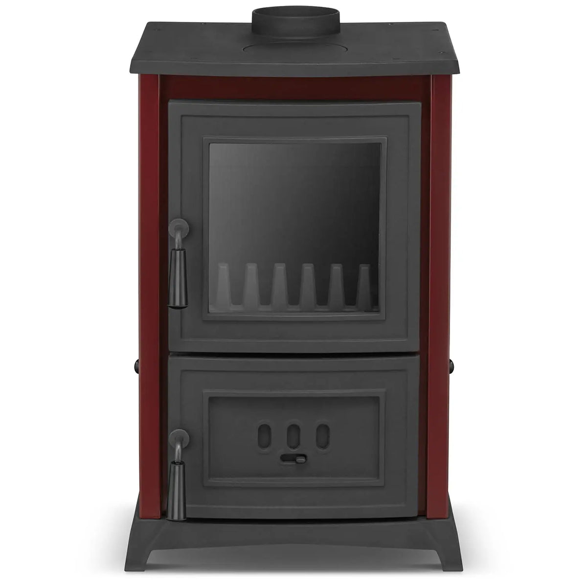 A red and dark gray cast iron wood stove with a glass door and bottom storage drawer, shown on a plain white background.