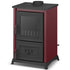 A red and black wood-burning stove with a single front door, lower vent, and top chimney connector, shown on a plain white background.