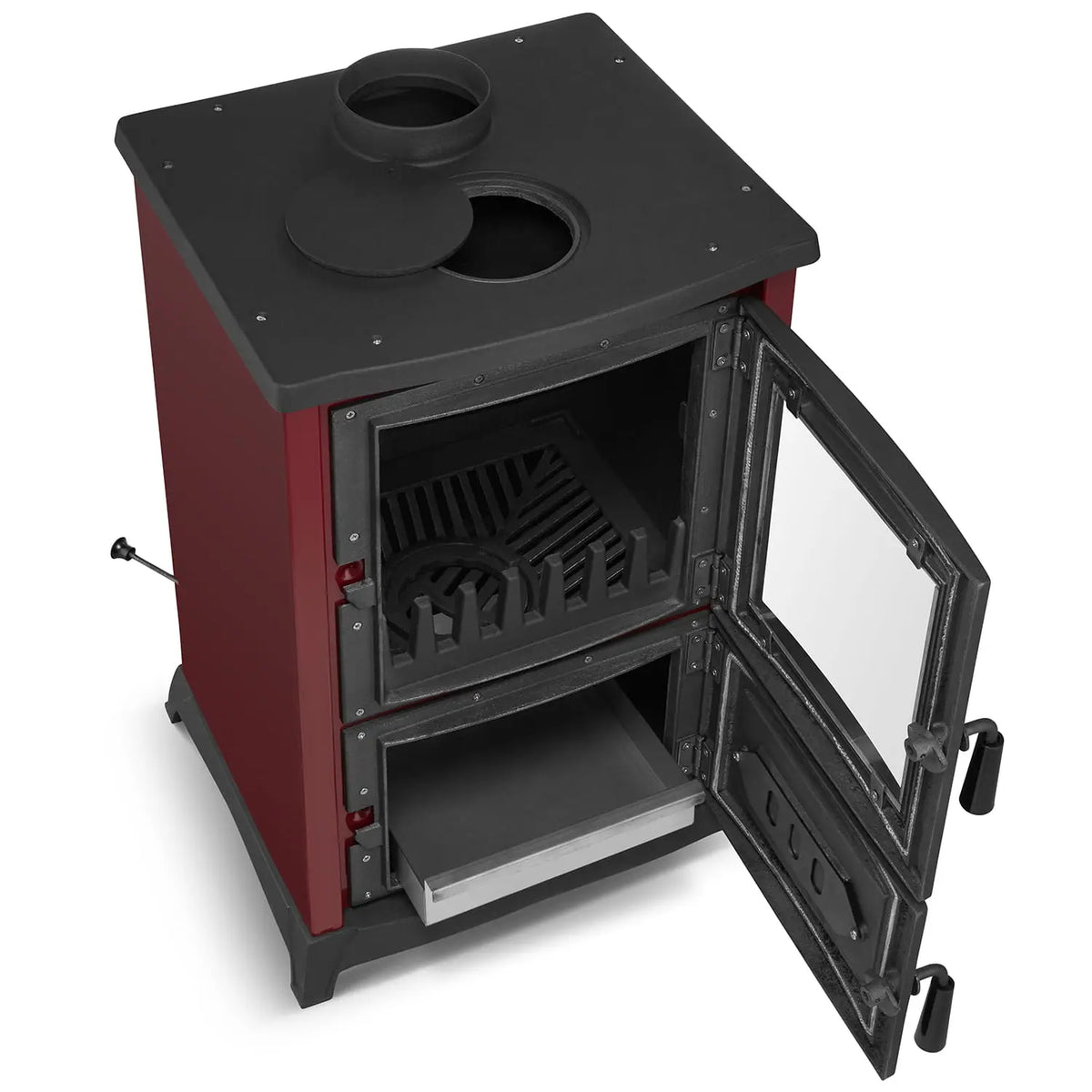 A red and black wood-burning stove with its door open, showing a glass window, interior grate, and lower storage compartment, photographed on a white background.