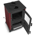 A red and black wood-burning stove with its door open, showing a glass window, interior grate, and lower storage compartment, photographed on a white background.