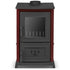 A red and black wood-burning stove with a glass front door and a lower storage drawer, shown on a plain white background.
