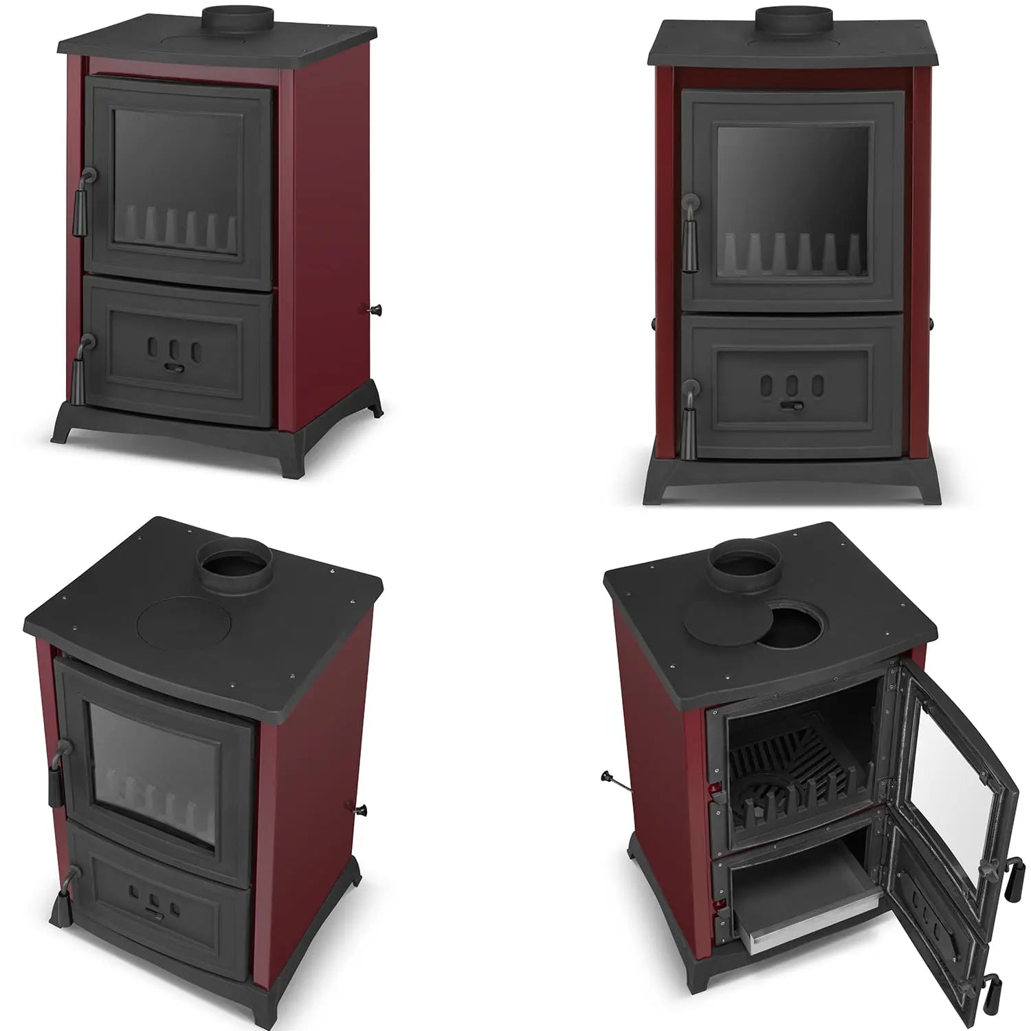 A red and black wood-burning stove shown from four angles on a white background, including front, three-quarter, and open-door views.