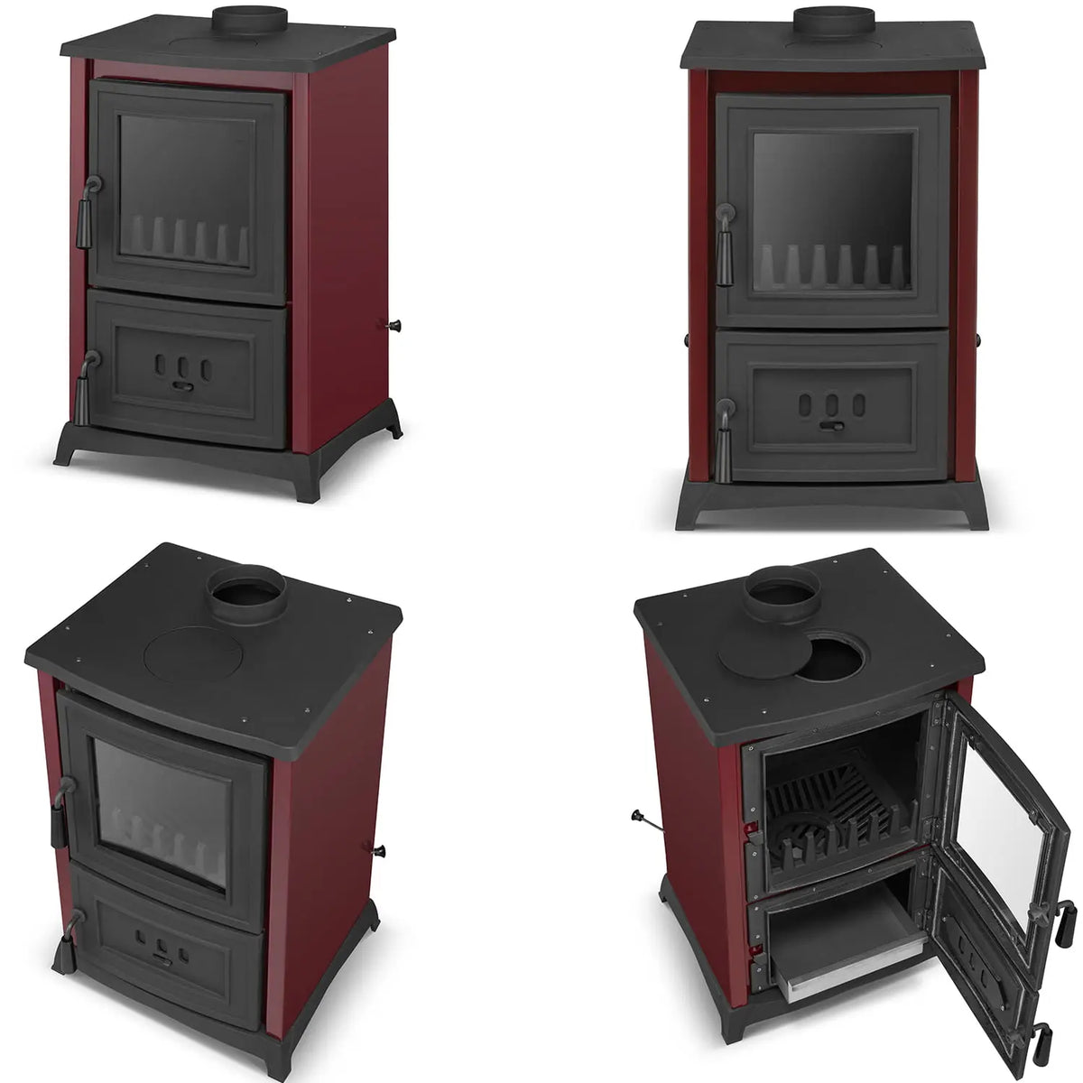 A red and black wood-burning stove shown from four angles on a white background, including front, three-quarter, and open-door views.