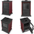 A red and black wood-burning stove shown from four angles on a white background, including front, three-quarter, and open-door views.