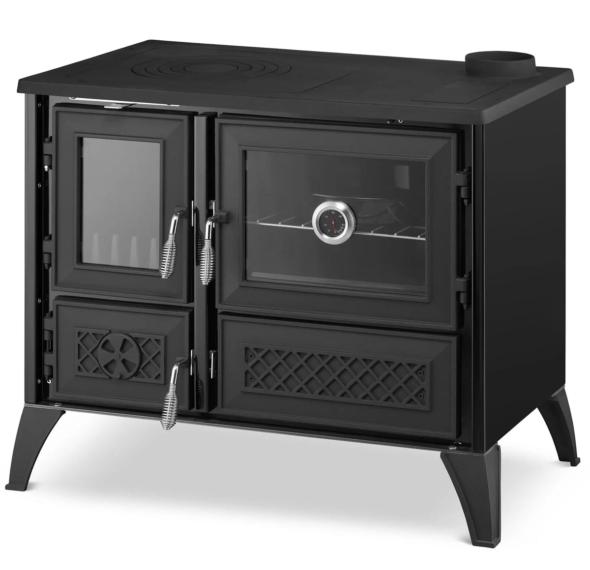 A black cast iron wood-burning stove with glass doors, silver handles, decorative vent grilles, and four legs, shown on a white background.