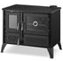 A black cast iron wood-burning stove with glass doors, silver handles, decorative vent grilles, and four legs, shown on a white background.