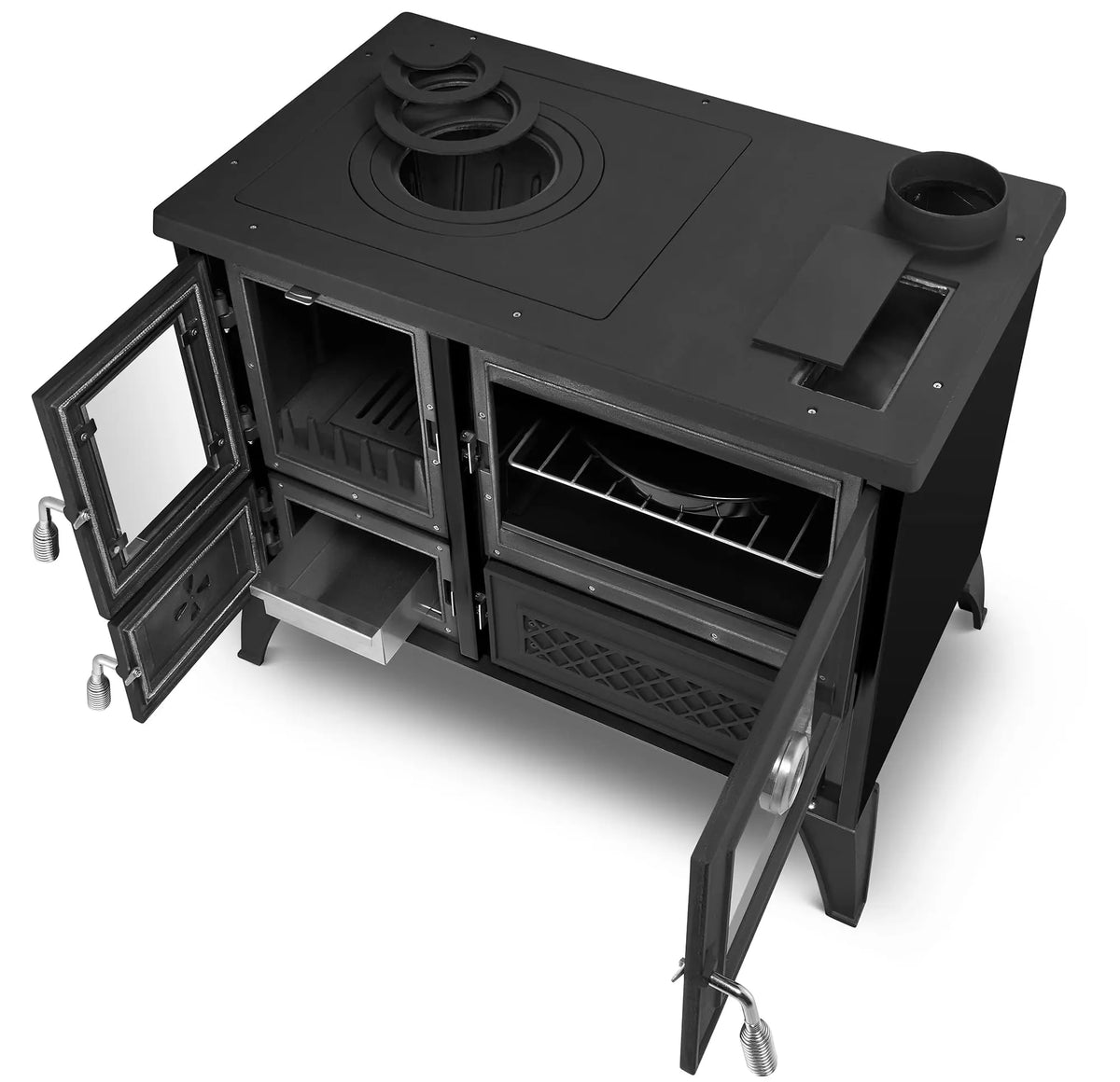 Black wood stove with open doors on a white background