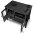 Black wood stove with open doors on a white background