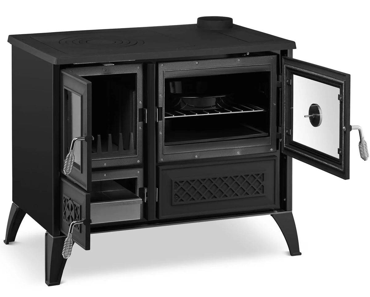 Black cast iron outdoor wood-burning stove with glass doors and side drawers, shown open on a white background.