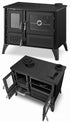 Black cast iron wood-burning stove shown in two views: one closed and one open to reveal interior shelves and door compartments, on a plain white background.