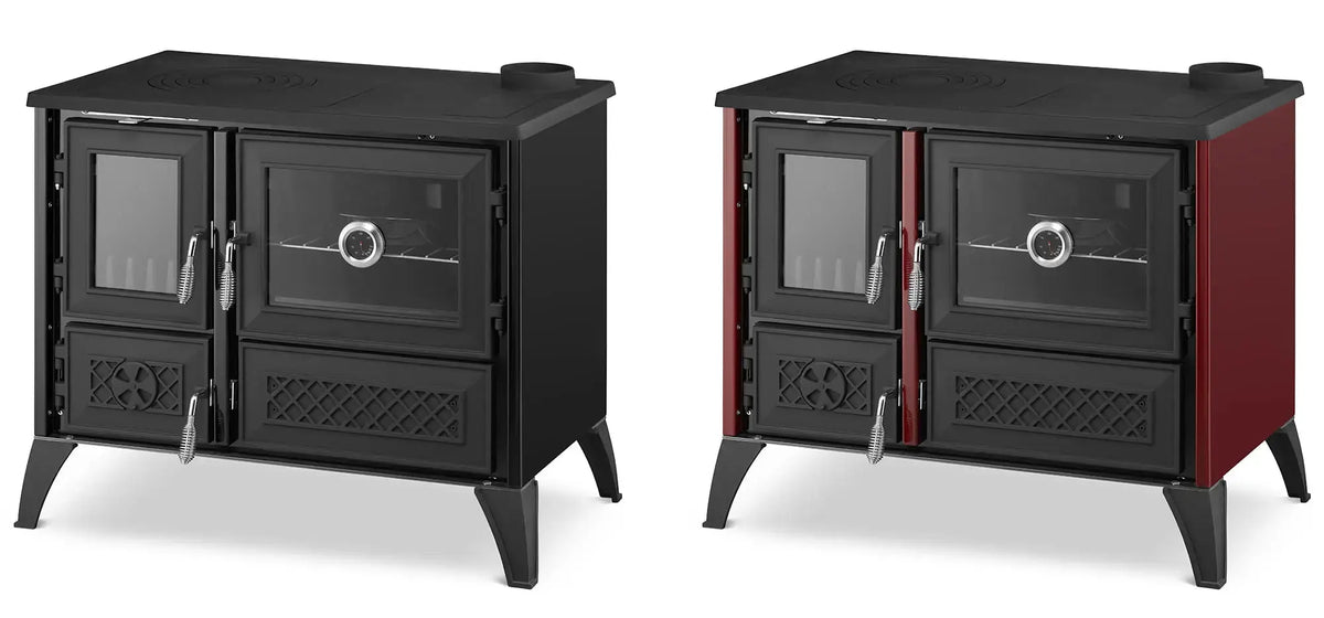 Two freestanding wood-burning stove heaters shown side by side on a light gray background. The left unit is black, and the right unit is black with a red side panel.