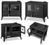 Black cast iron wood-burning stove shown from multiple angles on a white background, including closed front views and open views showing the interior shelves and door details.