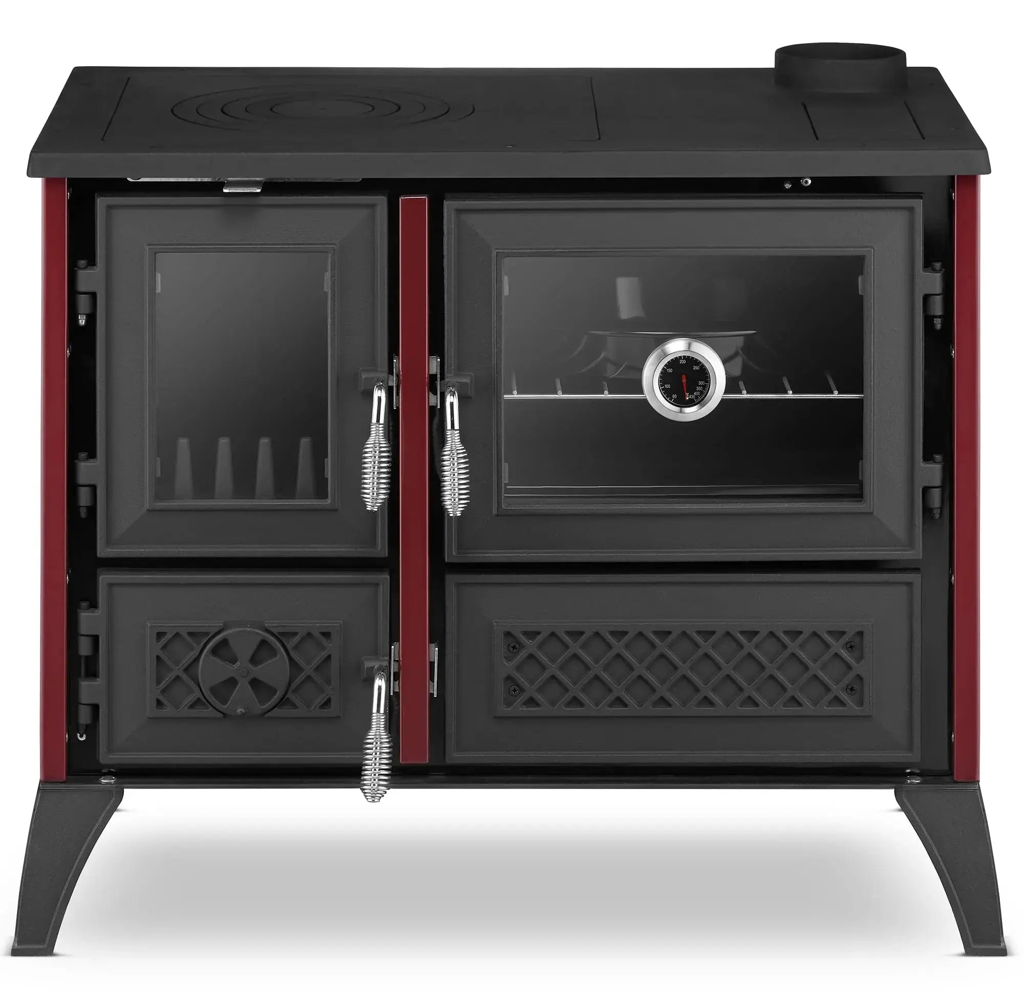 A black and red wood-burning stove with glass doors, silver handles, and a top lid, shown against a plain white background.