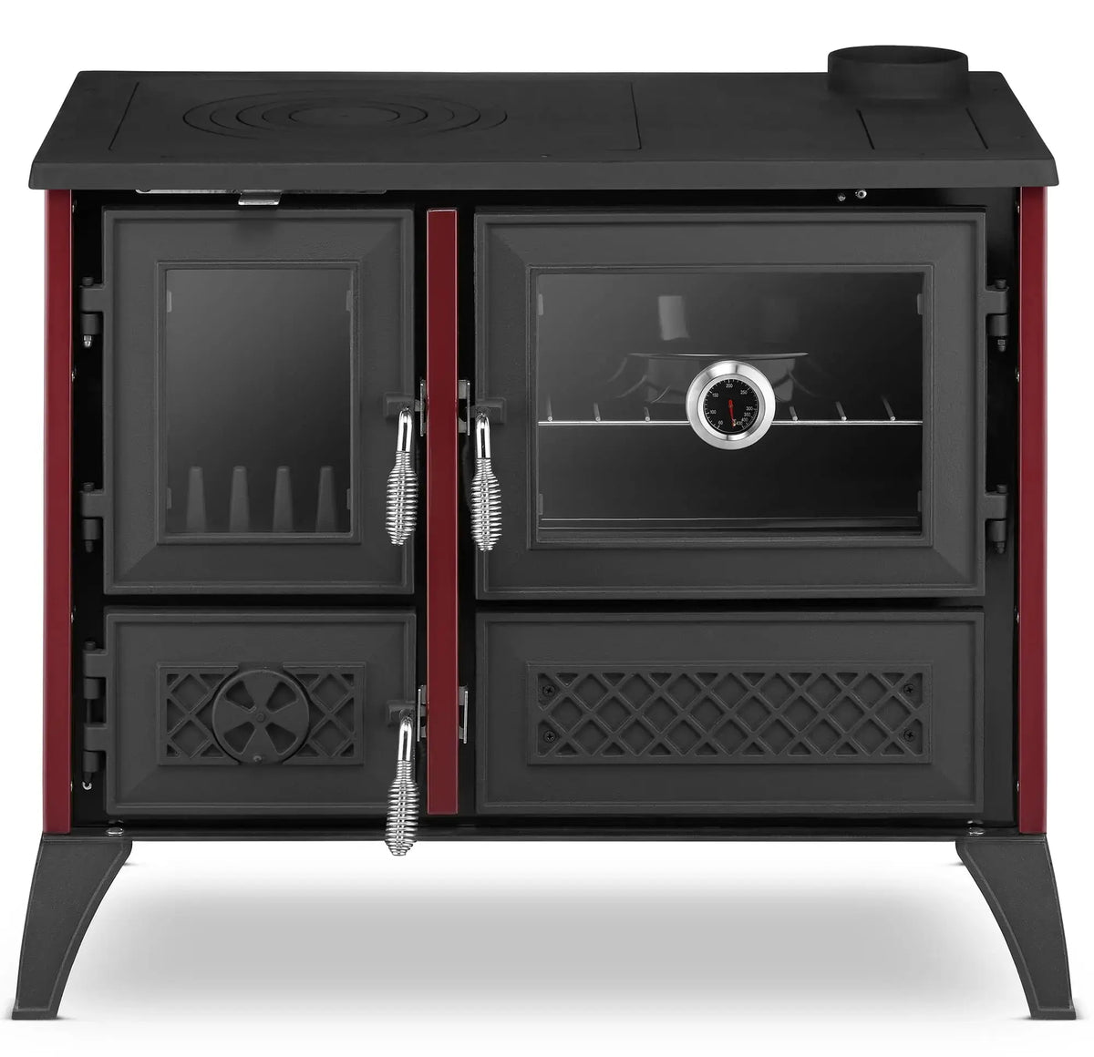 A black and red wood-burning stove with glass doors, silver handles, and a top lid, shown against a plain white background.