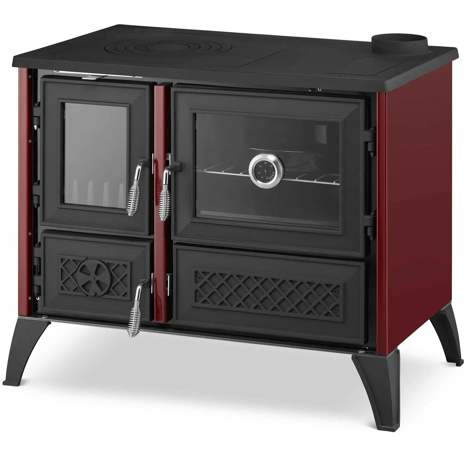 A freestanding wood-burning stove with a black metal body, glass doors, silver handles, decorative front panels, and a dark red side panel, shown on a light gray studio background.