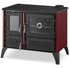 A freestanding wood-burning stove with a black metal body, glass doors, silver handles, decorative front panels, and a dark red side panel, shown on a light gray studio background.