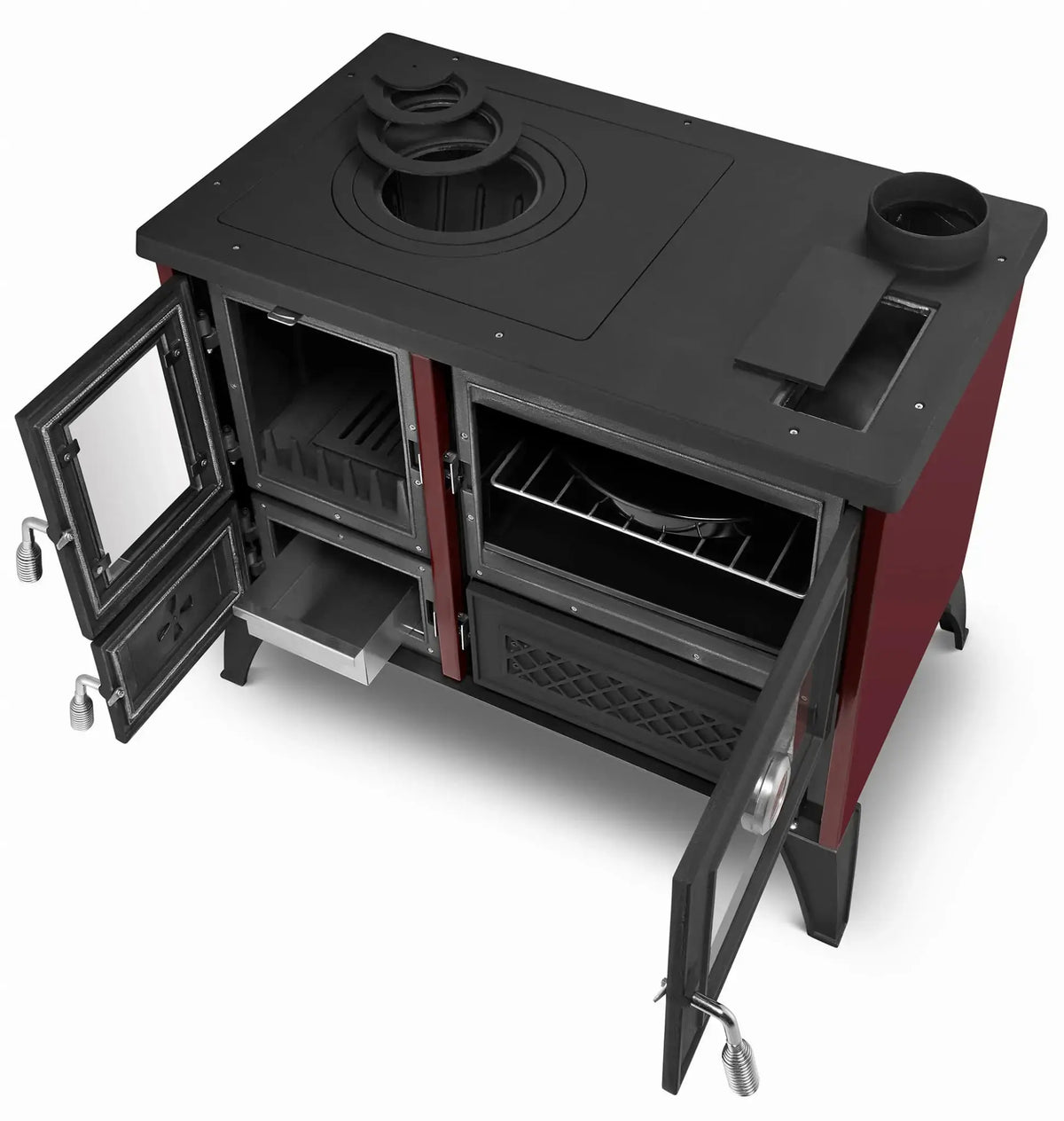 A red and black wood-burning stove with glass doors open, showing the interior shelves and drawer, photographed on a white background.