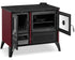 A freestanding black and red wood-burning stove with doors open, showing the interior shelves and firebox, photographed on a clean white background.
