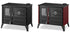 Two freestanding wood-burning stove heaters shown side by side on a light gray background. The left unit is black, and the right unit is black with a red side panel.