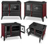 A red and black wood-burning stove shown from multiple angles on a white background, including closed front views and open interior views.