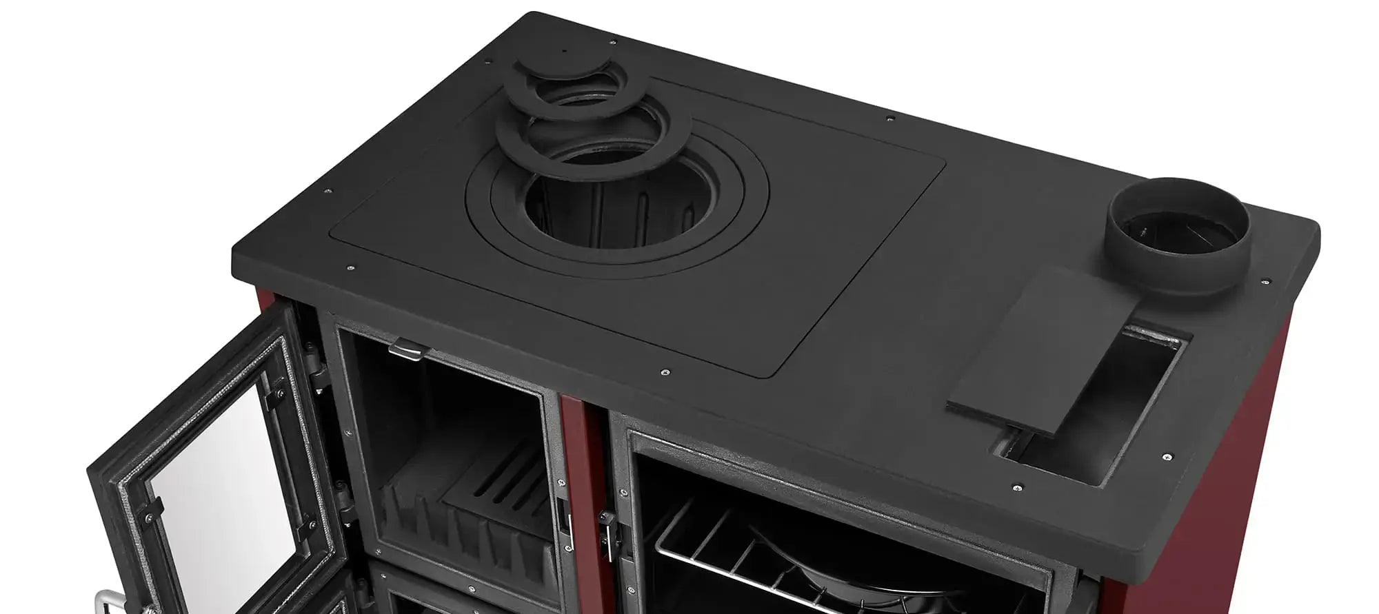 A black metal wood-burning stove with a red side panel, shown from an elevated angle with the left door open to reveal the interior shelves.