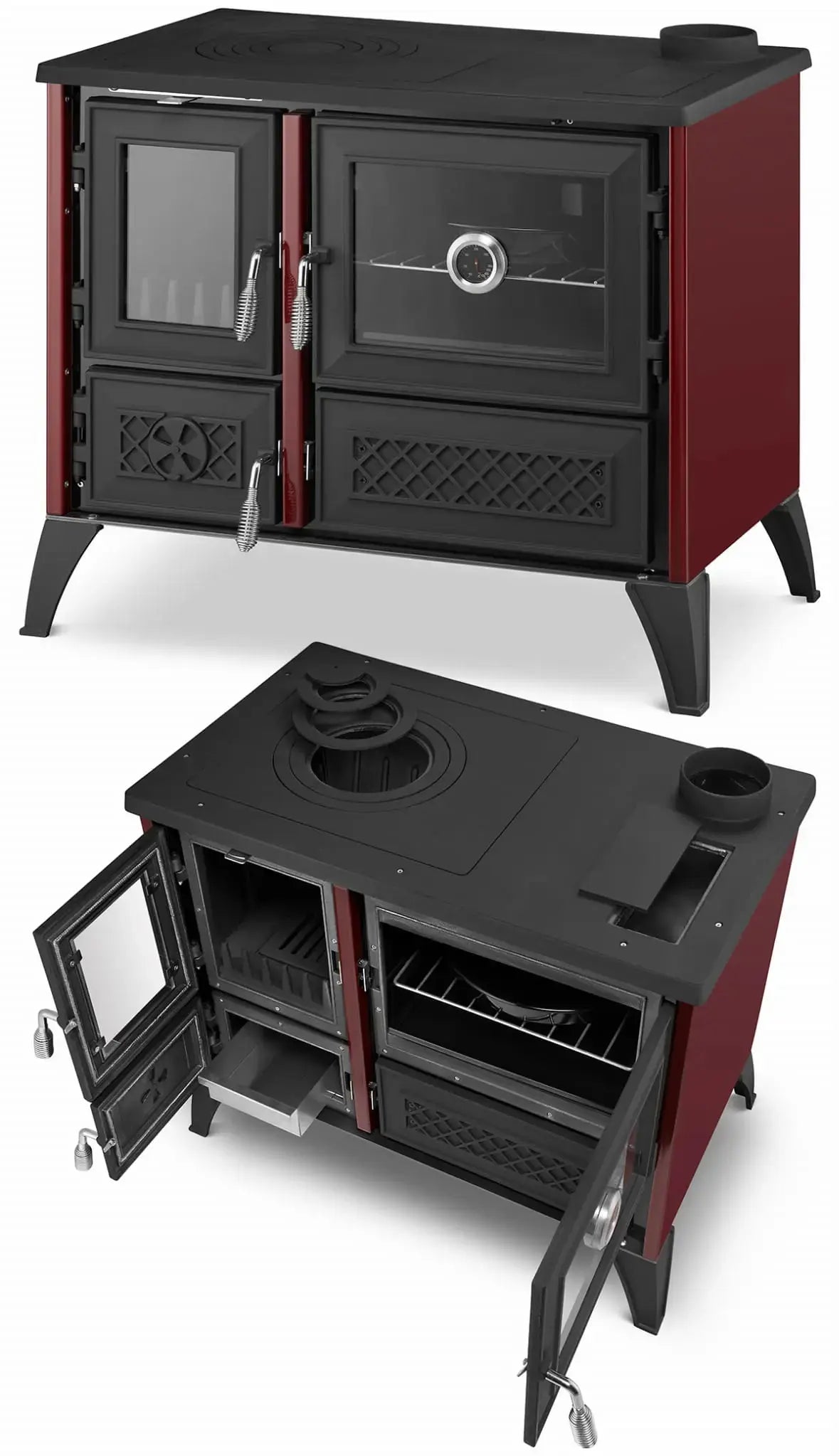 A red and black wood-burning stove shown in two views: one closed and one open, on a plain white background.