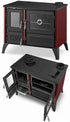 A red and black wood-burning stove shown in two views: one closed and one open, on a plain white background.