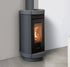 Modern gray pellet stove with visible flames inside, mounted on a wall.