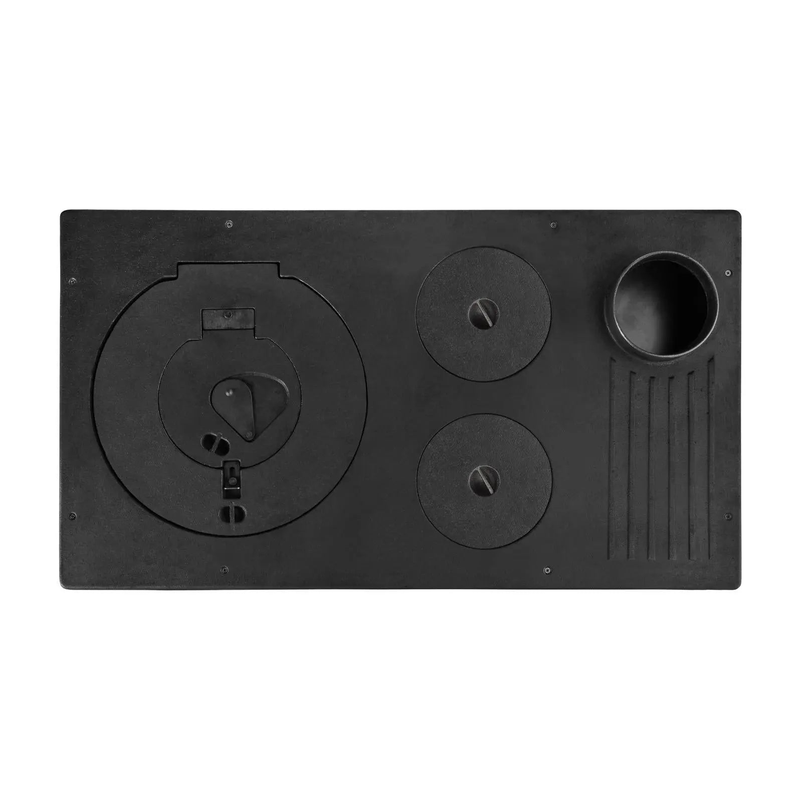 A black rectangular plastic or rubber panel with circular and vent-like recessed details, photographed from above on a plain white background.